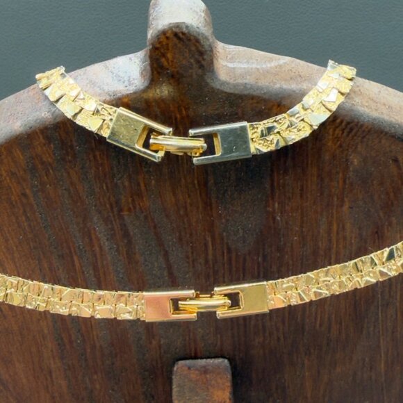 Vintage Gold Tone Textured Nugget Link Necklace Bracelet Set Crystal Accent - Picture 5 of 12